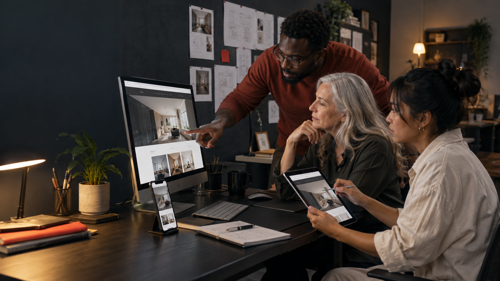 A representative multi-generational team reviewing one responsive website across desktop, tablet and mobile