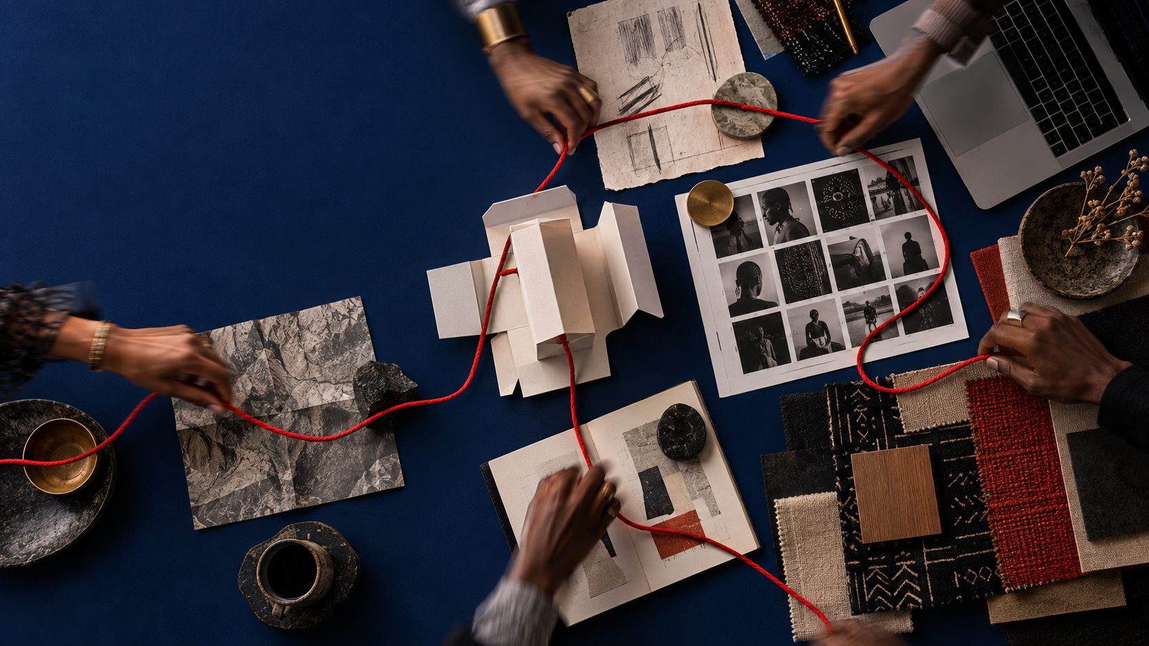 Strategy, design and production materials arranged across a working table